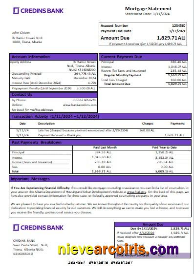 Albania Credins bank mortgage statement